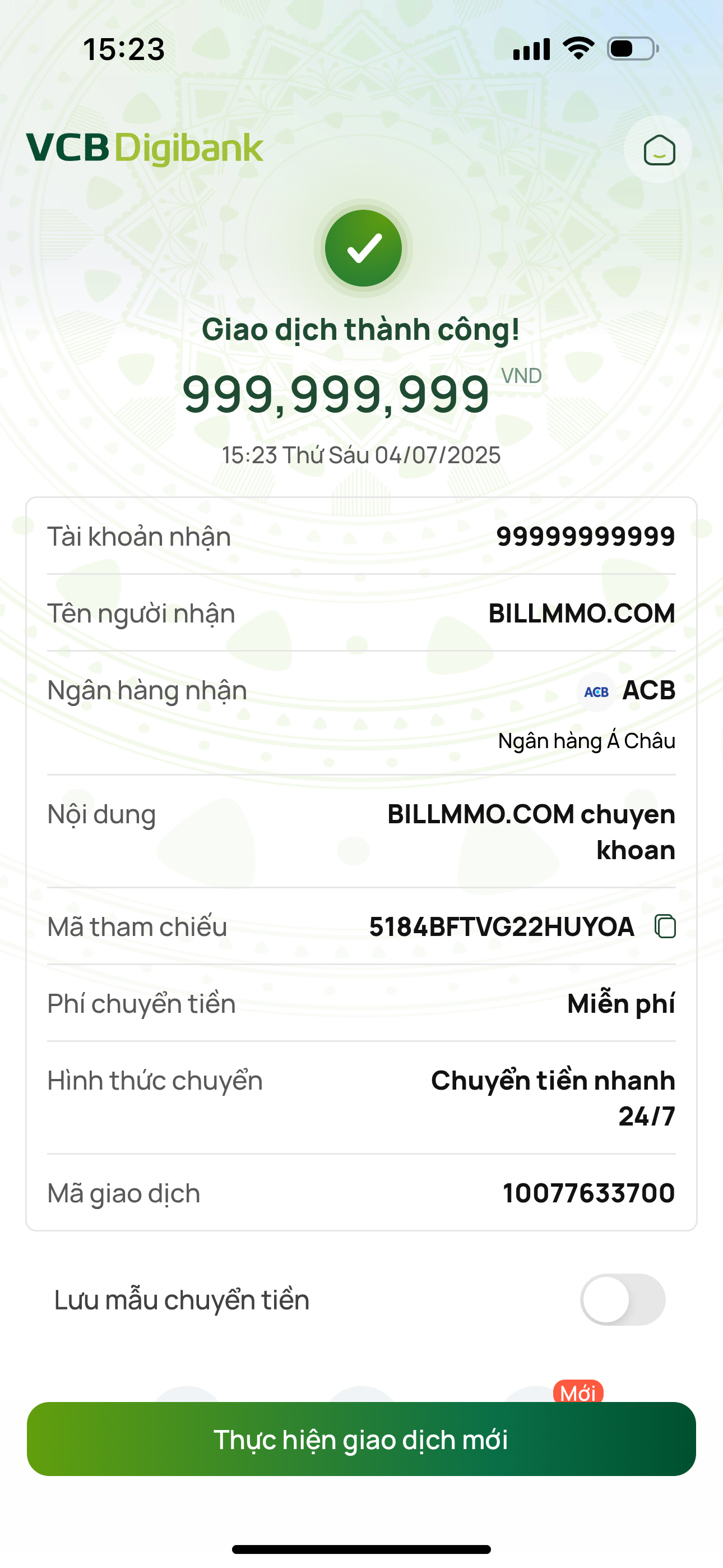 Bill chuyển khoản
